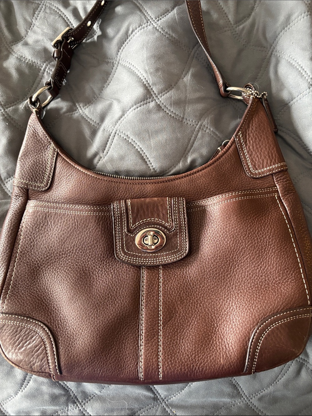 Coach Brown Leather Shoulder Bag with Turn-Lock Accent